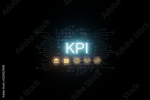 KPI displayed on a digital background with circuit designs and icons for various metrics