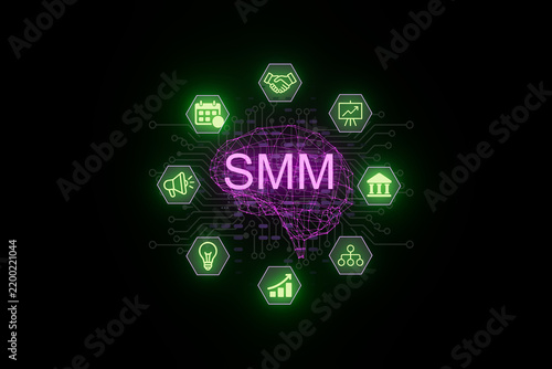 SMM strategies and digital marketing concepts displayed with brain imagery in a dark setting