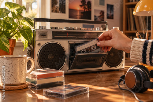 Nostalgic Cassette Player with Hand Inserting Tape in Warm Retro Setting