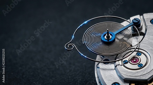 Close up view of the internal balance wheel and hairspring mechanism inside a luxury mechanical watch showing fine metal gears and precision engineering components in a dark setting