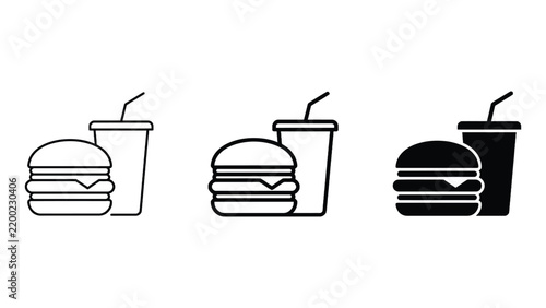 Burger and soda beverage vector graphic icon set featuring simple black outline and filled styles