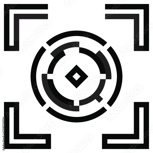 Minimalist zoom targeting icon with camera viewfinder reticle and focus frame elements, abstract vector illustration isolated on white background.