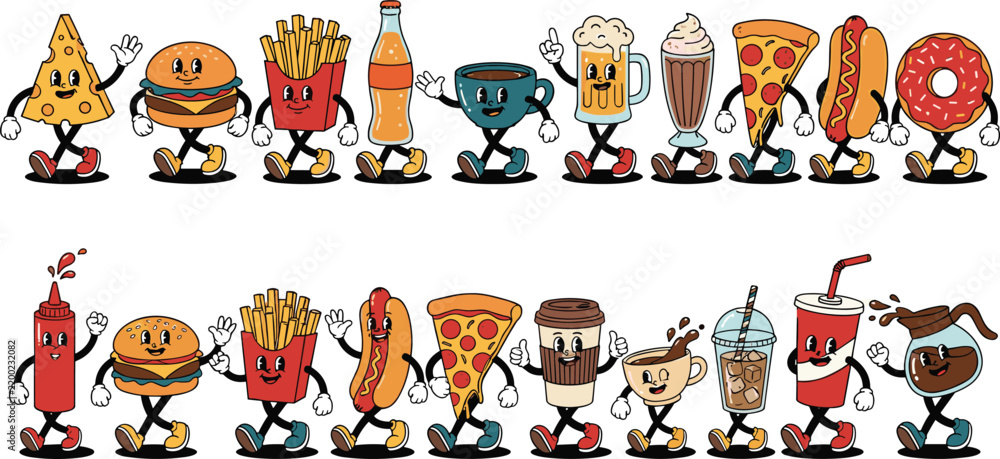 Obraz premium Retro Fast Food and Beverage Character Set with Vintage Cartoon Style Walking Burger Pizza French Fries Hot Dog and Coffee Vector Doodles