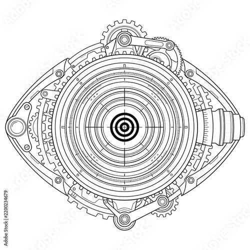 Steampunk mechanical eye vector with zoom targeting lens, intricate gears, cogs, and clockwork details in black and white line art design.