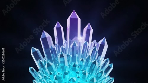 Magical glowing crystal cluster with purple and cyan light flares rotating on dark background.