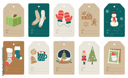 Cozy Christmas gift tag set with gingerbread snowman nutcracker Santa stamp and snow globe
