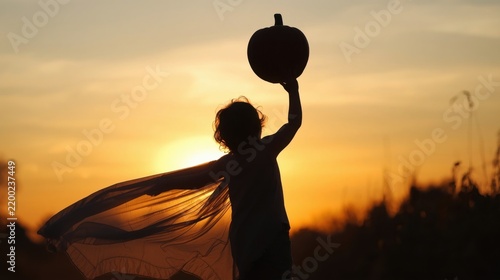 Silueta del niño que sostiene una calabaza en una sábana blanca ondulando en el viento 