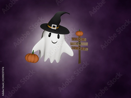 Halloween cute ghost and rickety old wooden signpost in foggy purple background