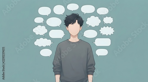 Creative Cartoon Character With Multiple Blank Communication Bubbles For Text Ideas
