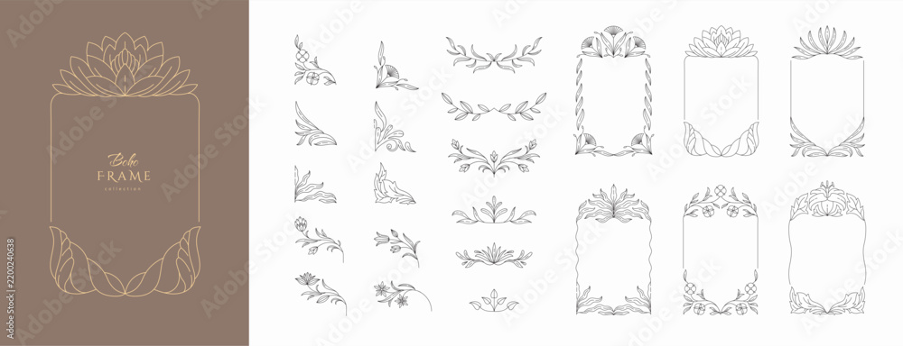 Obraz premium Frame constructor of boho floral design elements. Delicate botanical branch in arcs form with flowers and leaves, intricate hand drawn details. Botanical