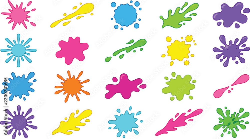 Obraz premium Colorful Paint Splash Collection with Bright Abstract Ink Blots, Liquid Splashes, Drips and Creative Artistic Background Elements