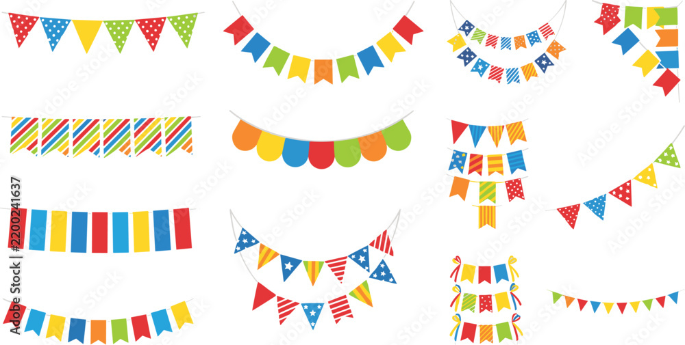 Fototapeta premium Colorful Party Bunting and Pennant Banner Collection with Festive Flags, Garlands, Streamers and Decorative Celebration Elements