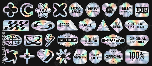 Set of holographic paper sticker, price tag, plastic label and y2k adhesive emblem with rainbow texture for product business. Black friday discount sale marketing metal badge and tape with neon light.