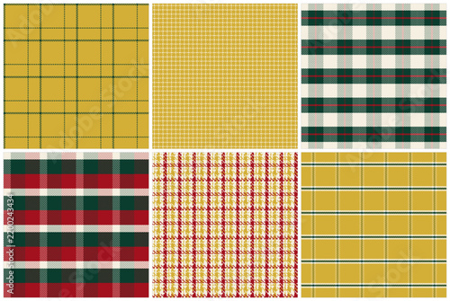 Set of six authentic Scottish Christmas tartan plaid patterns with realistic woven tartan texture and crisp check lines, for plaid shirts, blankets, scarves and seasonal branding