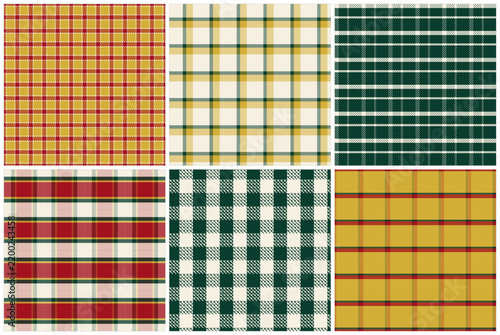 Collection of 6 seamless holiday tartan plaid patterns with realistic woven tartan texture and crisp check lines, for holiday cards, digital paper and winter home decor