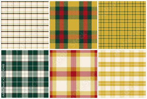 Set of six classic holiday tartan plaid textile patterns with realistic woven tartan texture and crisp check lines, for fashion prints, curtains, packaging and Christmas craft
