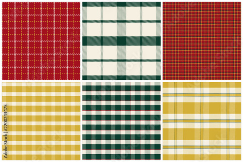 Collection of 6 heritage Scottish Christmas tartan plaid patterns with realistic woven tartan texture and crisp check lines, for kilts, tartan textiles, packaging and seasonal web design