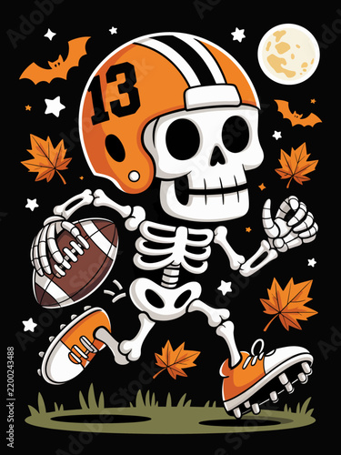 Cute skeleton football player number 13 Halloween sports graphic