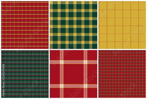 Set of six classic holiday tartan plaid textile patterns featuring classic Scottish weaving and clear check structure, for fashion prints, curtains, packaging and Christmas craft