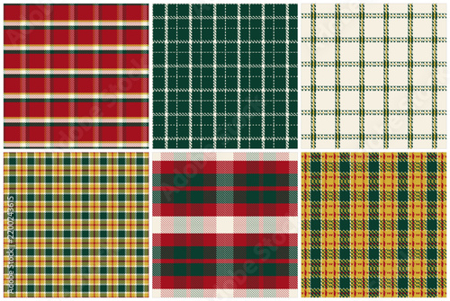 Collection of 6 heritage Scottish Christmas tartan plaid patterns featuring classic Scottish weaving and clear check structure, for kilts, tartan textiles, packaging and seasonal web design