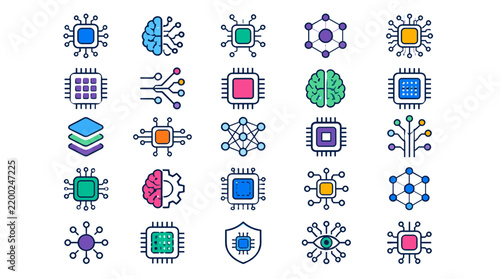 Collection of technology and artificial intelligence icons with circuits and brains themes