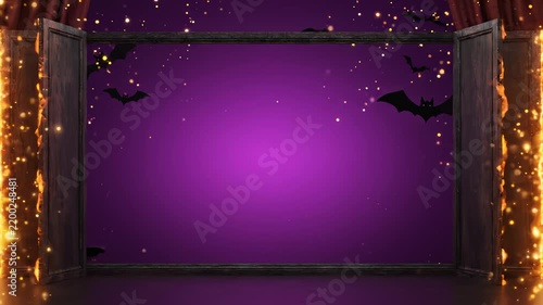 Halloween Wooden Doors Opening With Fire Flames, Flying Bats and Glowing Magical Particles in Purple Background
