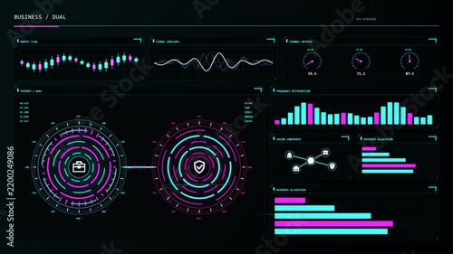  Futuristic sci-fi deep space telemetry HUD interface with radar, data charts, graphs, and digital control panels for tech and gaming projects.