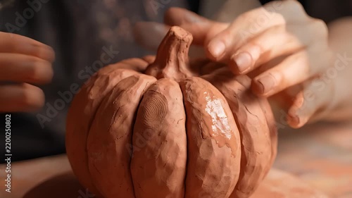Potter Sculpting a Clay Pumpkin Art Piece With Hands in Studio Workshop