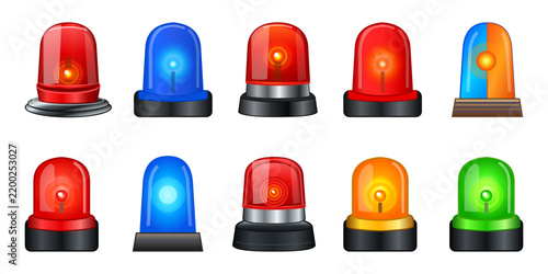 Emergency warning beacon sirens lights set, collection with colorful siren lamps, representing alert or danger signals. Realistic ambulance flashing. Police light flasher, Vector illustration.