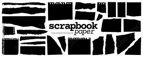 Torn paper scrap silhouette with ripped edges collection. Notebook binder torn notes, paper sheet pieces. Scrapbook and collage black elements. Flat sticky scraps for planners and mood boards.