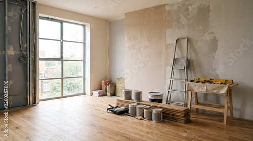 modern apartment interior renovation with wooden flooring and paint cans