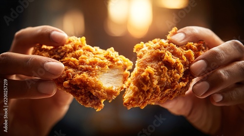 Hands pulling apart a piece of crispy fried chicken against a blurred warm background