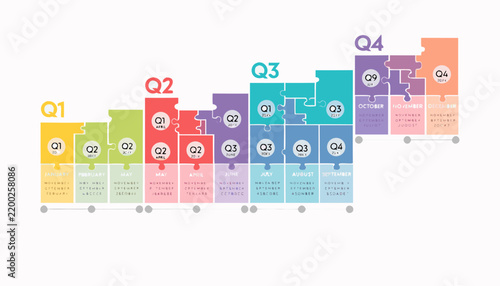 Colorful quarterly timeline with jigsaw puzzle pieces and month labels