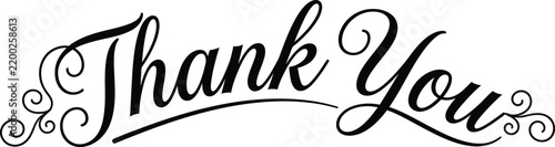 Elegant thank you calligraphy text with decorative flourishes isolated on a white background