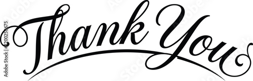 Elegant black cursive calligraphy thank you text isolated on a plain white background