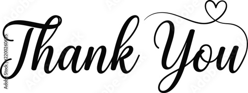 Elegant thank you calligraphy lettering with a small decorative heart on a white background