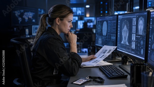 Security specialist reviews facial recognition results, highlighting biometric bias, identity verification concerns, and responsible AI oversight.