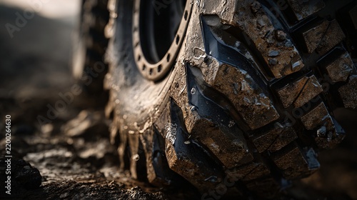 Close up of a muddy off road vehicle tire on a rough dirt surface in the outdoors