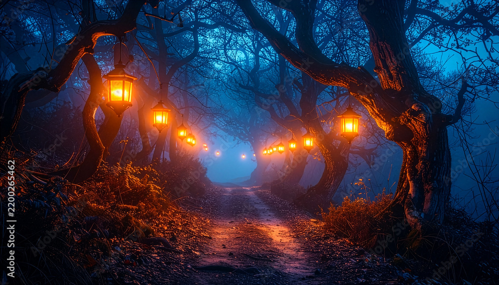 Obraz premium Glowing lanterns along a misty forest path at twilight