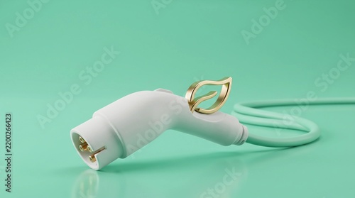 Electric vehicle charging plug with gold leaf detail, white EV charger connector on mint green background, sustainable green energy concept