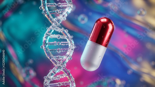 Genetic medicine concept with red pill capsule and DNA double helix, pharmaceutical biotechnology research, medical science illustration