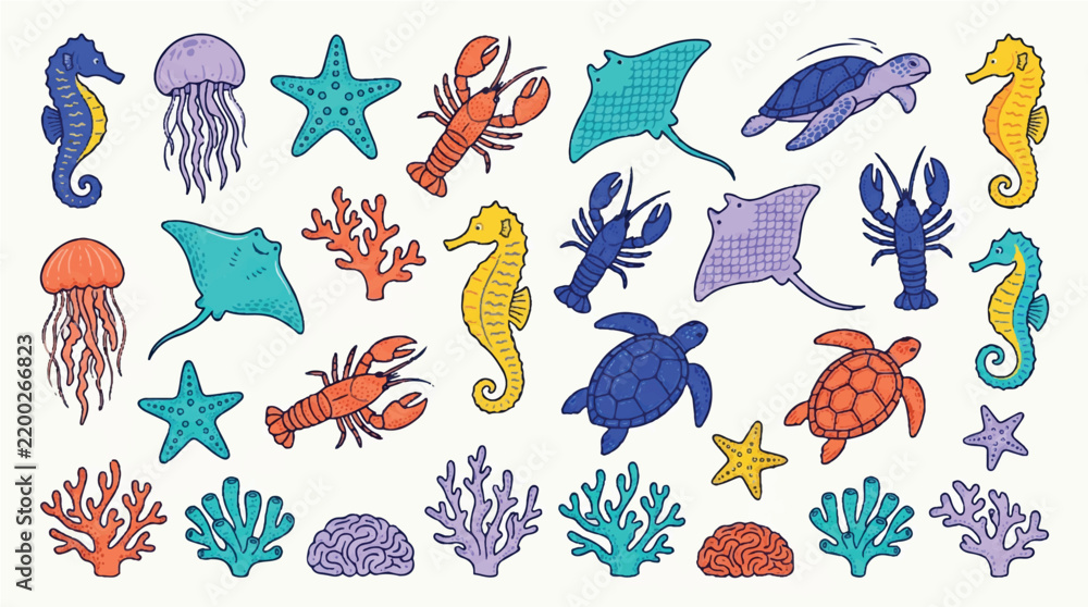 Obraz premium Colorful Hand-Drawn Collection of Sea Creatures and Underwater Marine Life Illustrations