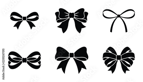Set of decorative gift ribbon bows in black silhouette style for holiday and celebration design projects