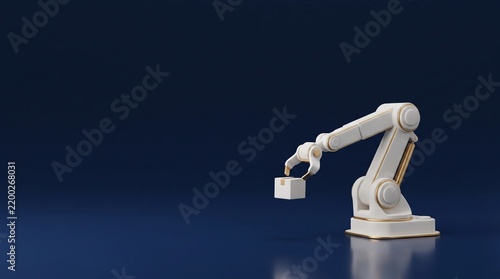 Industrial robotic arm lifting a white cube, automated factory machinery on dark blue background, smart manufacturing and logistics technology concept