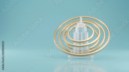 Minimalist skyscraper model with golden concentric rings, architectural glass building sculpture, modern urban development concept on blue background