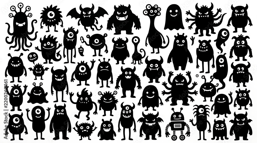 Obraz premium Diverse Collection of Hand-drawn Monster Silhouettes with Playful Expressions for Creative Projects