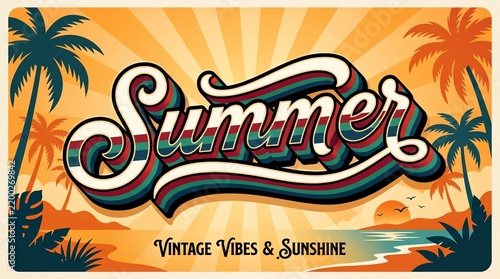 Vintage Summer Postcard Illustration with Retro Typography, Palm Trees, Beach Sunset, and Sunburst Background