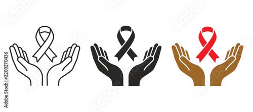 AIDS Awareness Red Ribbon With Caring Hands Icon Set, HIV Healthcare Support And Compassion Symbols In Black, White, Gold And Red Variations