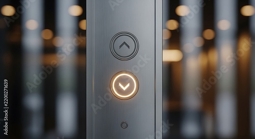 Modern Brushed Metal Elevator Control Panel with a Glowing Down Arrow Button