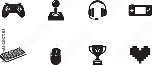 Set of gaming accessories icons including controller joystick headphones keyboard mouse trophy and pixel heart on transparent background